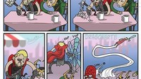 Thor dan Loki saling serang saat makan bareng di restoran. Kemudian makanannya dicuri oleh Spiderman. Foto: Instagram @dragonartebr.official