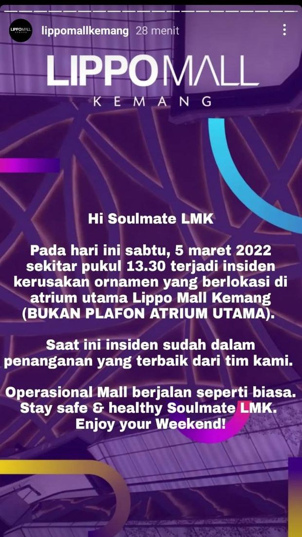 Penjelasan Lippo Mall Kemang soal jatuhnya ornamen atrium, Sabtu (5/3/2022).
