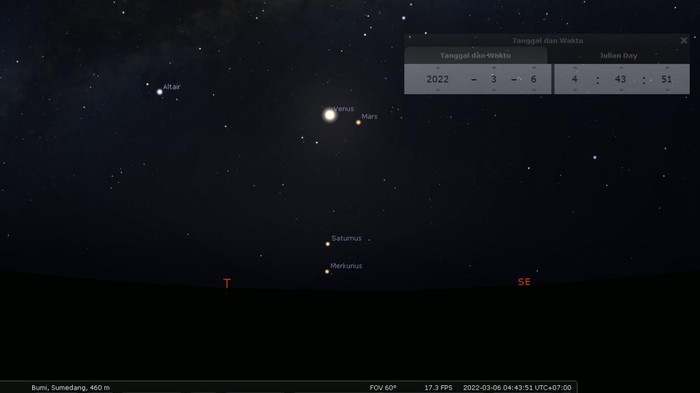Simulasi kondisi empat planet venus-mars dan saturnus-merkurius saat Konjungsi, Minggu (6/3/2022) nanti subuh.