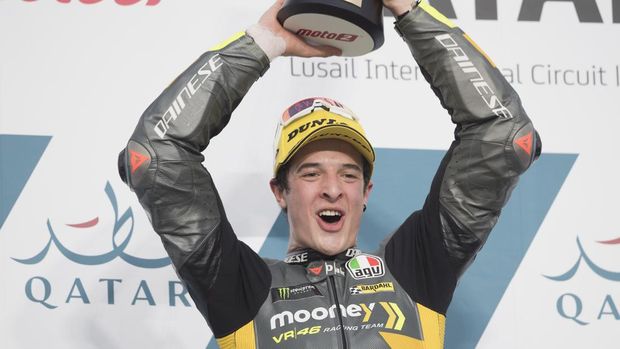 DOHA, QATAR - MARCH 06:  Celestino Vietti Ramus of Italy and Mooney VR46 Racing Team celebrates the victory  on the podium at the end of  the Moto2 race during the MotoGP of Qatar - Race at Losail Circuit on March 06, 2022 in Doha, Qatar. (Photo by Mirco Lazzari gp/Getty Images,)