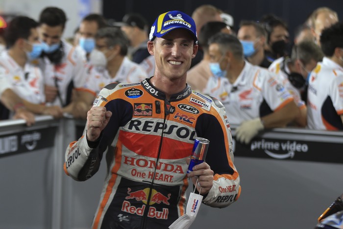 Spains rider Pol Espargaro of the Repsol Honda Team celebrates third place at Moto GP at the Losail International Circuit in Doha, Qatar, Sunday, March 6, 2022. (AP Photo/Hussein Sayed)