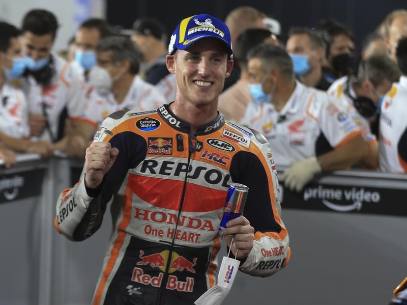 Spain's rider Pol Espargaro of the Repsol Honda Team celebrates third place at Moto GP at the Losail International Circuit in Doha, Qatar, Sunday, March 6, 2022. (AP Photo/Hussein Sayed)