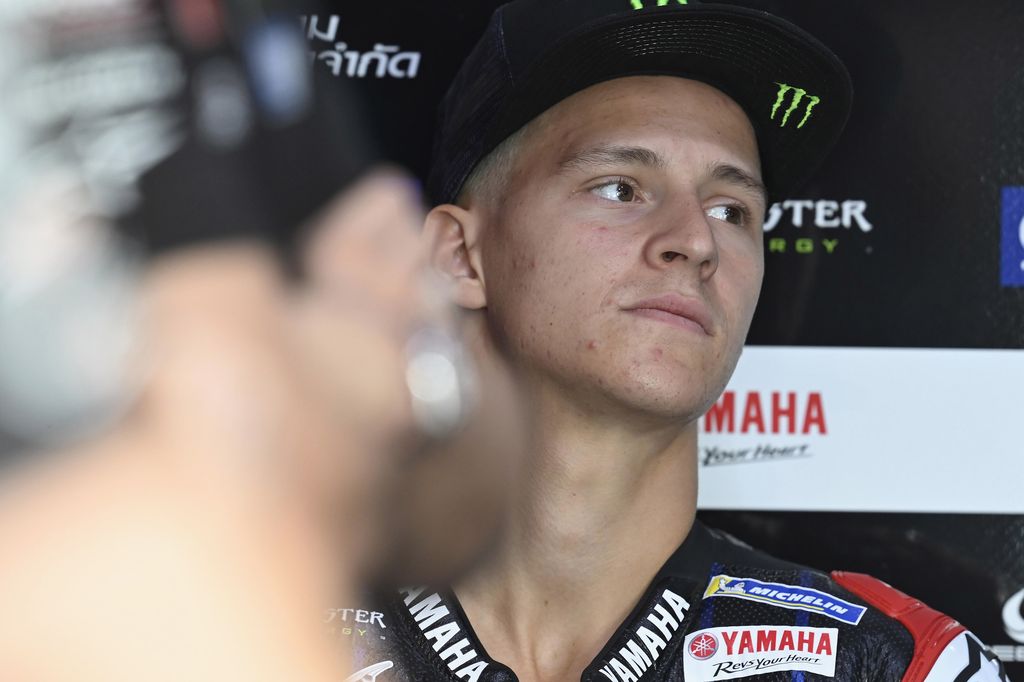 DOHA, QATAR - MARCH 05: Fabio Quartararo of France and Monster Energy Yamaha MotoGP Team looks on in box during the MotoGP of Qatar - Qualifying at Losail Circuit on March 05, 2022 in Doha, Qatar. (Photo by Mirco Lazzari gp/Getty Images,)