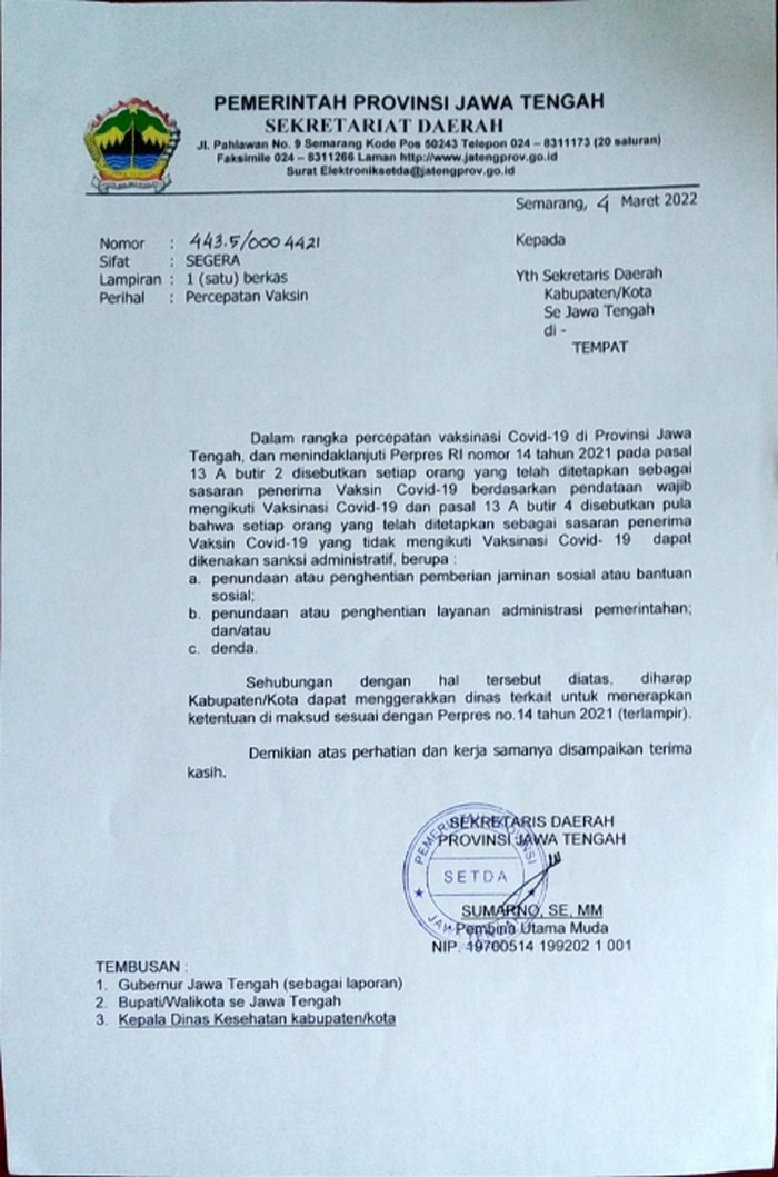 SE dari Sekda Provinsi Jateng tentang sanksi bagi warga yang enggan ikut vaksinasi