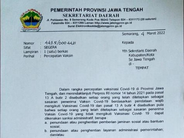 SE dari Sekda Provinsi Jateng tentang sanksi bagi warga yang enggan ikut vaksinasi