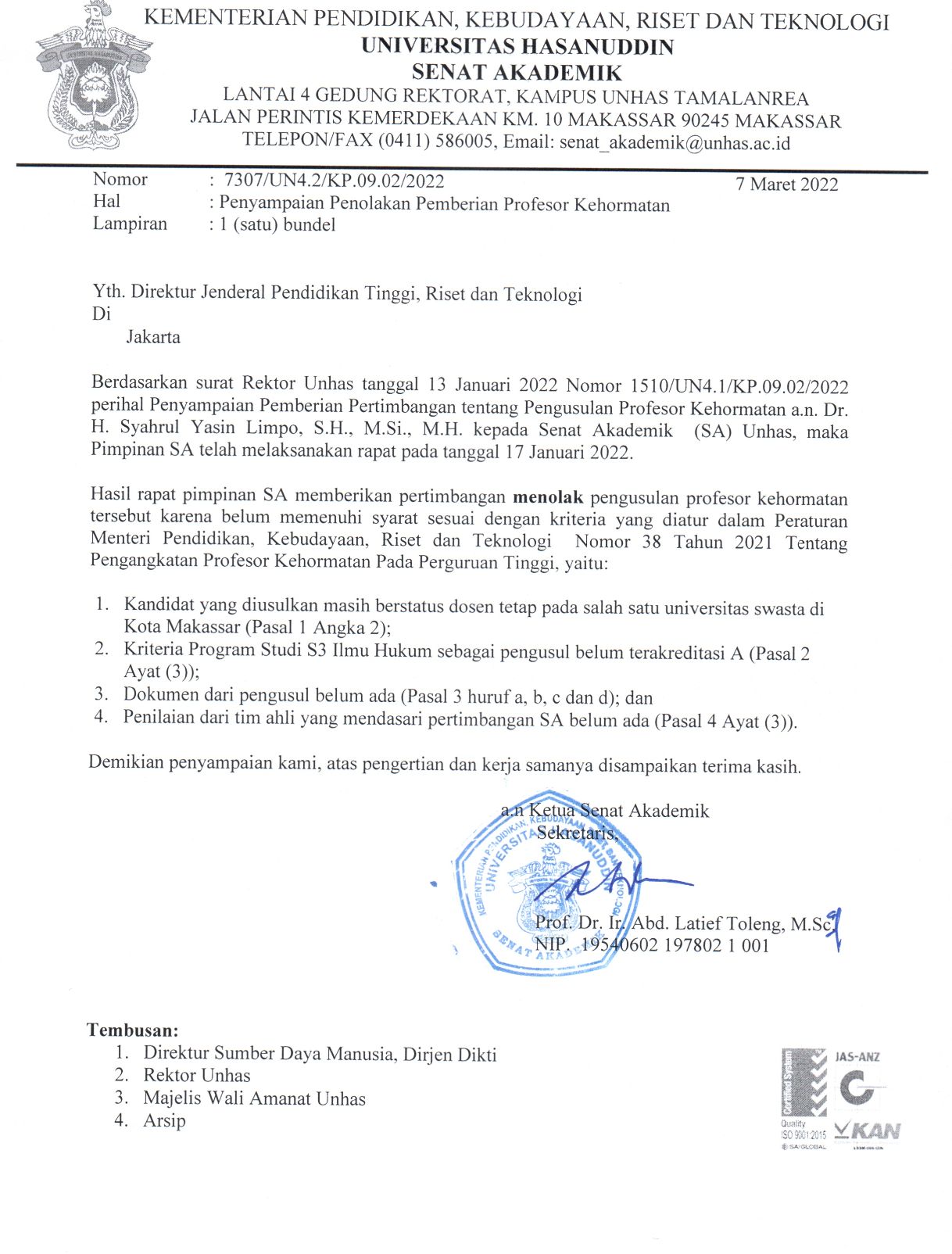 Surat Senat Akademik Unhas yang menolak pengusulan Menteri Pertanian (Mentan) Syahrul Yasin Limpo (SYL) menjadi Profesor Kehormatan. (dok. Istimewa)