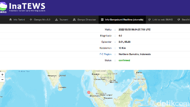 Gempa bumi dengan magnitudo (M) 4 terjadi di Sumatera Utara (Sumut). (Situs InaTEWS)