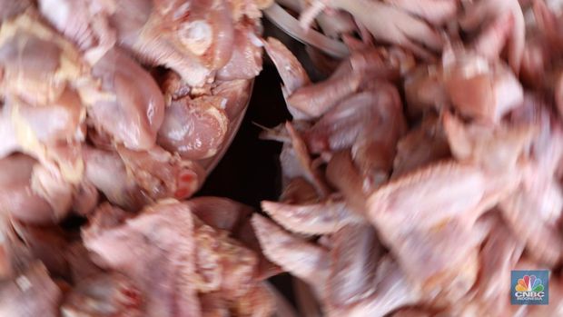 Pedagang melayani pembeli daging ayam di pasar Kebayoran lama, Jakarta, Rabu (9/3/2022). Harga daging ayam di pasaran terus merangkak naik meski belum memasuki bulan Ramadan. (CNBC Indonesia/ Tri Susilo)