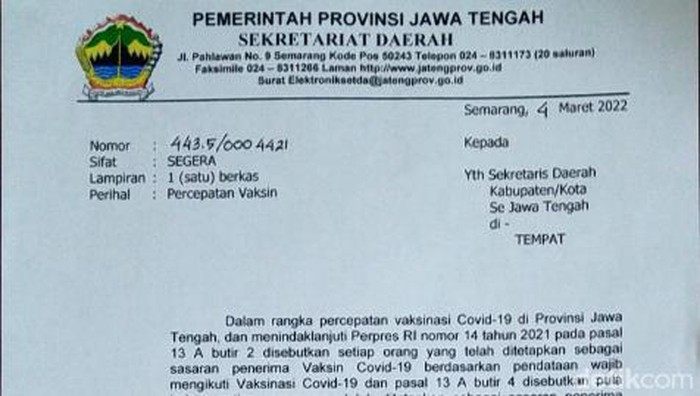 SE percepatan vaksinasi dari provinsi Jawa Tengah yang beredar di masyarakat. (foto: tangkapan layar)
