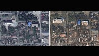 Foto kolase dari citra satelit menunjukan bangunan dan perumahan sebelum invasi (kiri) dan setelah invasi, 9 Maret 2022 (kanan).