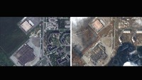 Foto kolase dari citra satelit menunjukan pusat pertokoan dan supermarket di Mariupol, Ukraina sebelum invasi (kiri) dan setelah invasi, 9 Maret 2022 (kanan).