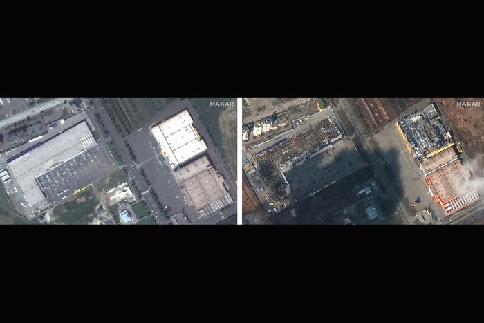 Citra satelit Maxar Technologies menunjukan kerusakan total pascainvasi Rusia di Mariupol, Ukraina. Sejumlah bangunan rata dengan tanah.