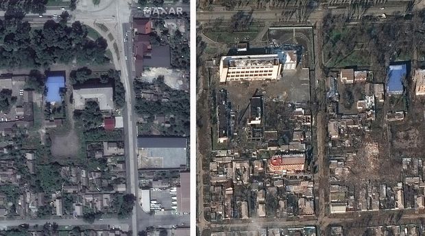 Foto kombinasi menunjukkan bangunan dan rumah sebelum invasi Rusia ke Ukraina pada Februari 2022 (kiri) dan setelah invasi (kanan) di Mariupol, Ukraina, Rabu (9/3/2022). (Satellite image ©2022 Maxar Technologies via AP)