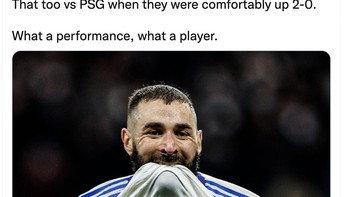 Adapun Karim Benzema banyak dipuji lantaran tampil impresif dan menjadi pahlawan kemenangan Real Madrid semalam. Foto: Twitter