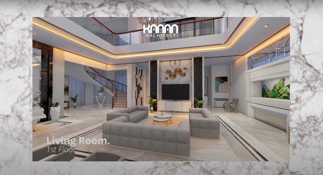 Beginilah penampakan desain ruang keluarga rumah mewah milik Indra Kenz. Rencananya ruang keluarga di rumah tersebut akan dibuat senyaman mungkin dengan desain yang elegan. Dengan perpaduan warna putih, hitam, abu-abu dan lampu kuning, ruang keluarga itu terlihat begitu megah. Foto: YouTube
