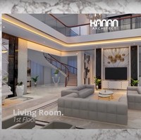 Beginilah penampakan desain ruang keluarga rumah mewah milik Indra Kenz. Rencananya ruang keluarga di rumah tersebut akan dibuat senyaman mungkin dengan desain yang elegan. Dengan perpaduan warna putih, hitam, abu-abu dan lampu kuning, ruang keluarga itu terlihat begitu megah. Foto: YouTube