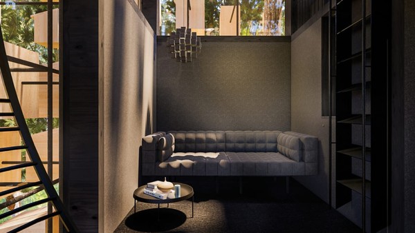 Para tamu bisa menikmati interior dengan warna hitam dan abu-abu seluas 34 meter prrsegi sembari menatap ke luar jendela, dinding dan langit-langit. Mereka juga bisa berkunjung ke tetangga dengan jembatan gantung. Para tamu bisa menikmati interior dengan warna hitam dan abu-abu seluas 34 meter prrsegi sembari menatap ke luar jendela, dinding dan langit-langit. Mereka juga bisa berkunjung ke tetangga dengan jembatan gantung.