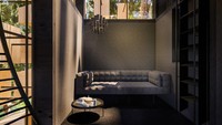 Para tamu bisa menikmati interior dengan warna hitam dan abu-abu seluas 34 meter prrsegi sembari menatap ke luar jendela, dinding dan langit-langit. Mereka juga bisa berkunjung ke tetangga dengan jembatan gantung.