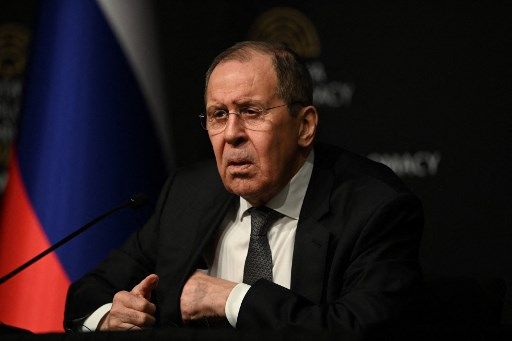 Russian Foreign Minister Sergei Lavrov gives a press conference after meeting Ukraine's Foreign Minister for talks in Antalya, on March 10, 2022, 15 days after Russia launched a military invasion on Ukraine. - Russian and Ukrainian foreign ministers are in Turkey to hold face-to-face talks in the first high-level contact since the invasion. (Photo by OZAN KOSE / AFP)