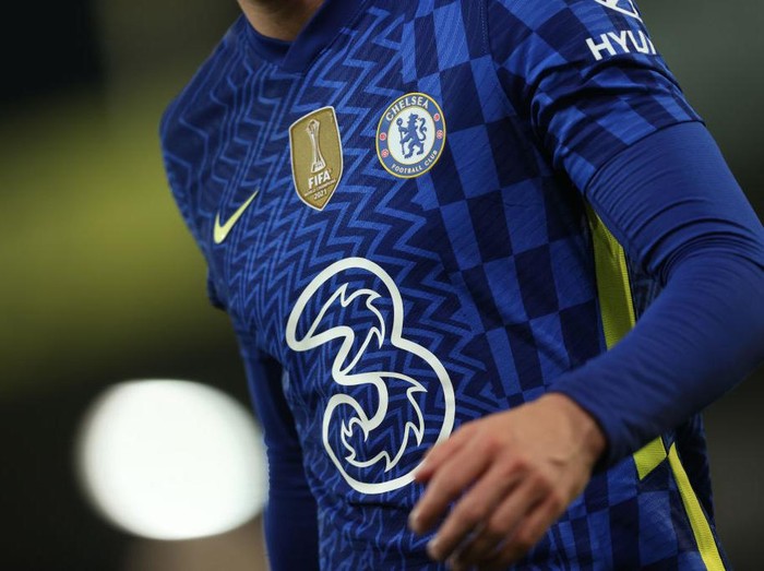 NORWICH, ENGLAND - MARCH 10: A detailed view of the Chelsea home shirt, featuring the Three logo during the Premier League match between Norwich City and Chelsea at Carrow Road on March 10, 2022 in Norwich, England. (Photo by Julian Finney/Getty Images)