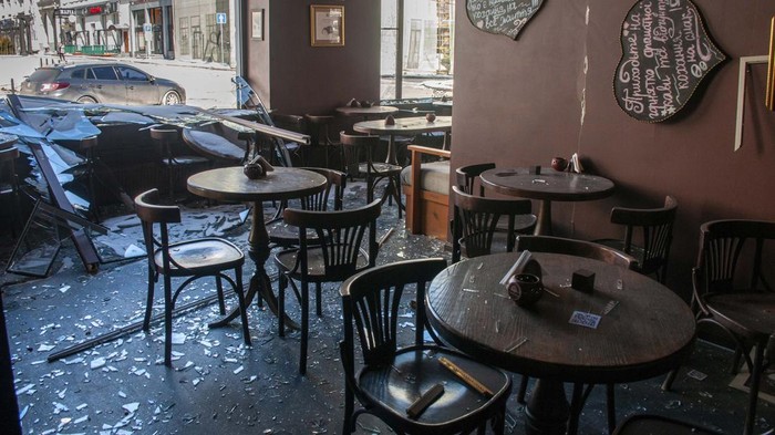 A view of the damage in a cafe after shelling, in Kharkiv, Ukraine, Saturday, March 12, 2022. (AP Photo/Andrew Marienko)