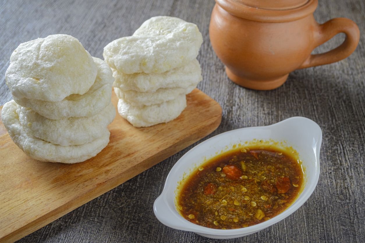 Cireng bumbu rujak. indonesian traditional food made from tapioca flour is given spices such as garlic, salt, pepper and is cooked by frying.