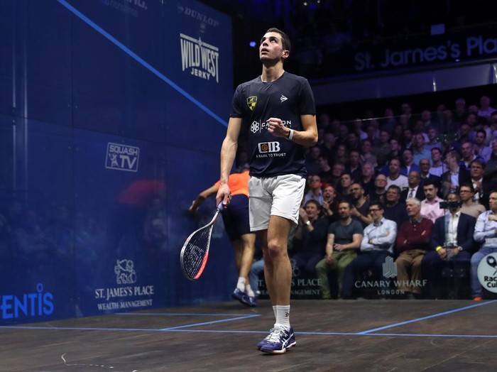 LONDON, ENGLAND - MARCH 10: Ali Farag of Egypt celebrates victory after the Second Round match of The Canary Wharf Squash Classic between Declan James and Ali Farag on Day 3 at the East Winter Garden on March 10, 2020 in London, England. (Photo by James Chance/Getty Images)