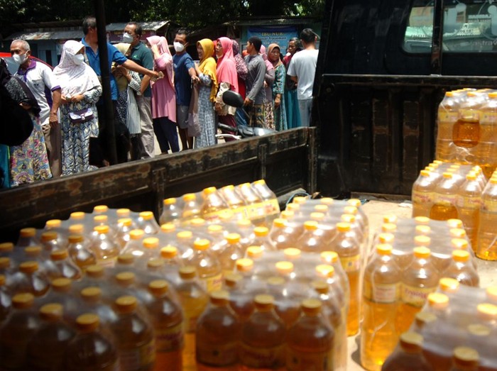 Warga di berbagai daerah Indonesia ramai-ramai antre demi minyak goreng murah. Antrean minyak goreng murah itu terlihat di Padang hingga Kendari. Ini fotonya.