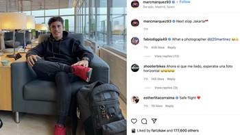 Pemberhentian selanjutnya, Jakarta, tulis Marc Marquez, menampakkan dia sedang berada di bandara Kota Madrid. Foto: Instagram