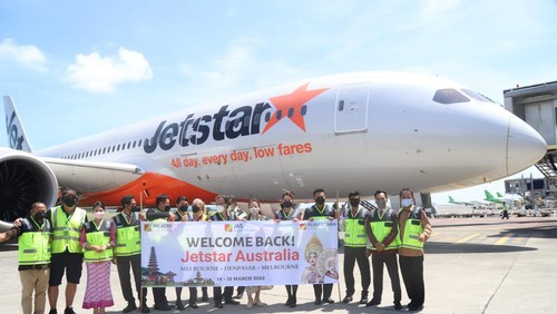 Maskapai Jetstar Airways rute Melbourne-Bali mendarat di Bandara Internasional I Gusti Ngurah Rai. (Dok. AP I)