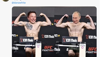 Gambaran ketika Elon Musk dan Vladimir Putin menimbang berat masing-masing sebelum bertinju. Siapa yang KO? Foto: Twitter