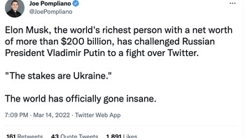 Elon Musk, orang terkaya dunia dengan harta lebih dari USD 200 miliar, menantang presiden Rusia untuk berkelahi. Taruhannya Ukraina. Dunia ini sudah resmi jadi gila, sebut netizen ini. Foto: Twitter