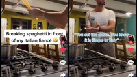 Masak spaghetti, cewek ini malah mematahkan spaghettinya agar bisa masuk ke dalam panci. Alhasil kena omel kekasihnya yang orang Italia. Foto: Instagram