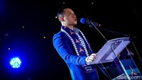 AHY tampak memberikan sambutan saat menghadiri acara Partai Demokrat di JIExpo Kemayoran, Jakarta.