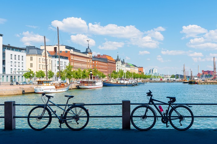Scenic summer panorama with elegant art nouveau buildings and yacht marina of Helsinki
