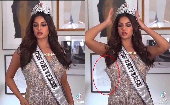 Dalam video tersebut gaun yang dikenakan Harnaaz Sandhu tampak longgar di bagian ketiak. Hal ini membuat netizen menduga kalau gaun tersebut sudah tidak muat sehingga ditutup tidak sempurna bagian belakangnya. Foto: TikTok