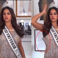 Dalam video tersebut gaun yang dikenakan Harnaaz Sandhu tampak longgar di bagian ketiak. Hal ini membuat netizen menduga kalau gaun tersebut sudah tidak muat sehingga ditutup tidak sempurna bagian belakangnya. Foto: TikTok