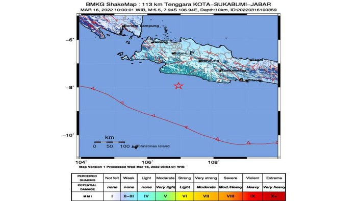 Titik pusat gempat di 113 tenggara Kota Sukabumi