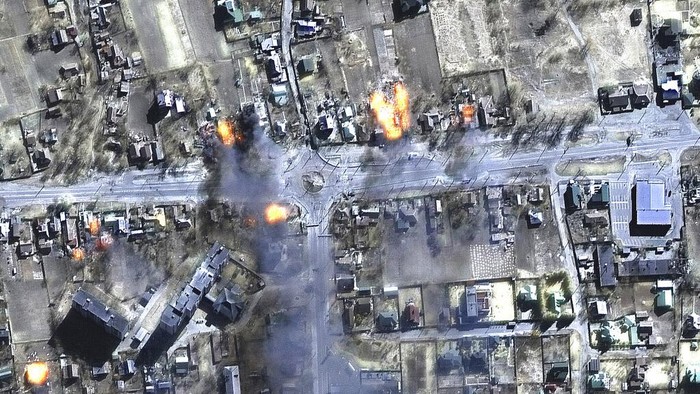 This satellite image provided by Maxar Technologies shows an overview of a large deployment of attack and troop transport helicopters at VD Bolshoy Bokov airfield, in southern Belarus, Monday, March 14, 2022, during the Russian invasion of Ukraine. (Satellite image ©2022 Maxar Technologies via AP)