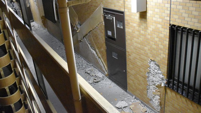 Walls are fallen at an apartment in Fukushima, northern Japan Thursday, March 17, 2022, following an earthquake. A powerful earthquake struck off the coast of Fukushima in northern Japan on Wednesday evening, triggering a tsunami advisory and plunging more than 2 million homes in the Tokyo area into darkness. (Kyodo News via AP)
