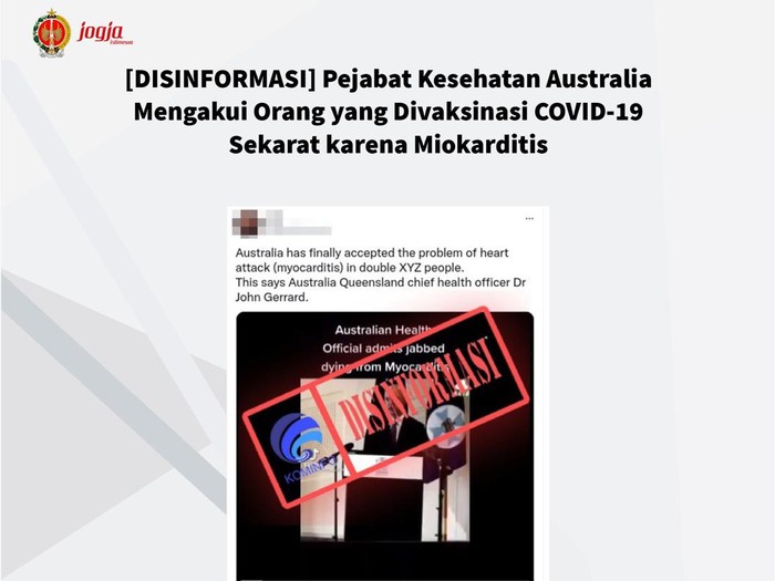 Kominfo menyatakan video pejabat Australia sebut orang yang divaksin Corona atau COVID-19 sekarat karena miokarditis disinformasi, Kamis (17/3/2022).