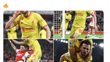 Diogo Jota benar-benar beringas kalau sudah lawannya Arsenal. Foto: Twitter