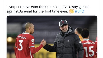 Dalam 3 laga away lawan Arsenal, Liverpool menang berturut-turut. Foto: Twitter
