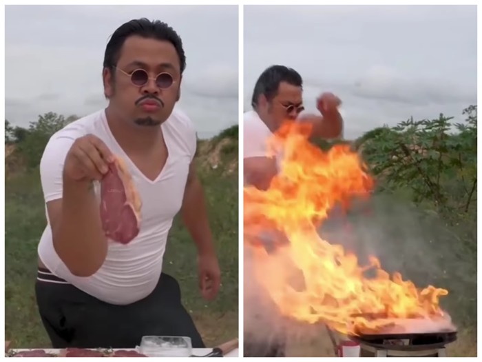 Kocak! Pria Ini Viral karena Tiru Gaya Salt Bae Saat Masak Steak di Kebun