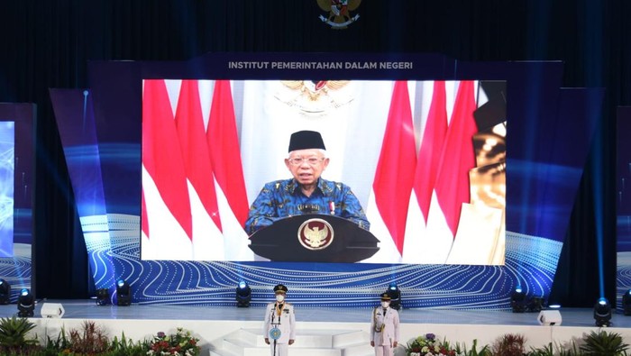 Wakil Presiden Maruf Amin saat memberikan sambutan secara virtual dalam acara Dies Natalis IPDN ke-66.