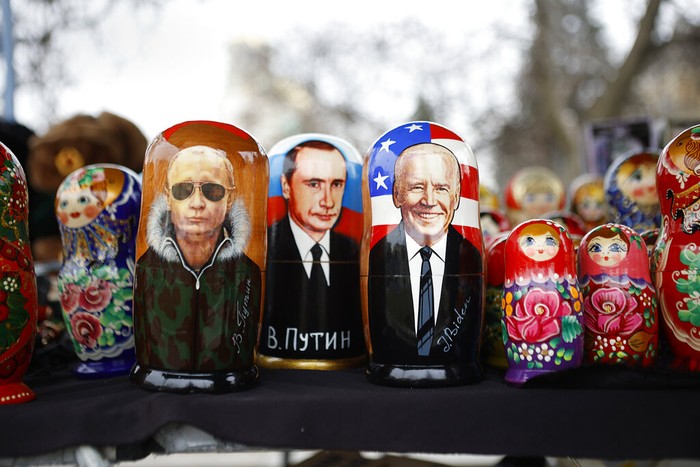 A photo of Russian President Vladimir Putin is seen on a mug in a souvenir shop in Sofia , Thursday, March 17, 2022. Russian items will be removed from the shop after the war in Ukraine. escalated, says the souvenir shop seller. (AP Photo/Valentina Petrova)