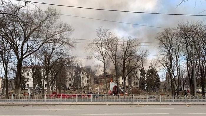 This photo released by Donetsk Regional Civil-Military Administration Council on Wednesday, March 16, 2022 shows the Drama Theatre, damaged after shelling, in Mariupol, Ukraine. (Donetsk Regional Civil-Military Administration Council via AP)