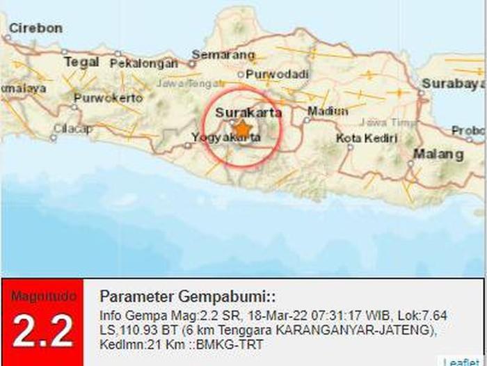 Gempa M 2,2 terjadi di selatan Karanganyar, Jumat (18/3/2022).
