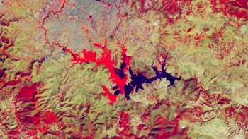 Perubahan iklim juga dapat memiliki efek yang tidak semestinya pada ekosistem lokal, berkat membiarkan spesies invasif mengamuk. Gambar di atas, ditangkap oleh satelit Landsat 8 menunjukkan Waduk Valsequillo Meksiko, dekat kota Puebla, tampak merah karena bermekaran eceng gondok di sana. Foto: NASA