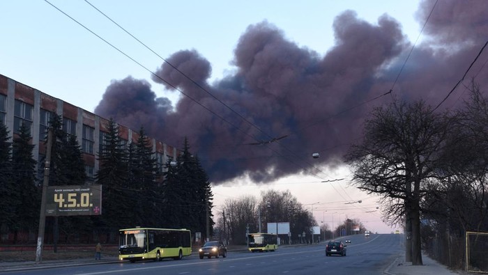 Smoke rises after an explosion in the Ukrainian city of Lviv on March 18. (Yuriy Dyachyshyn/AFP/Getty Images)